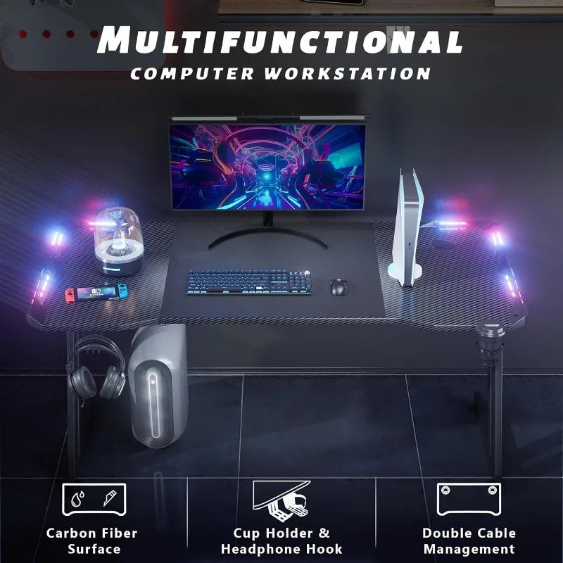 47 Inch Gaming Desk with LED Lights Carbon Fibre Surface Gaming Table Large Computer Desk Ergonomic Home Office Desks Z