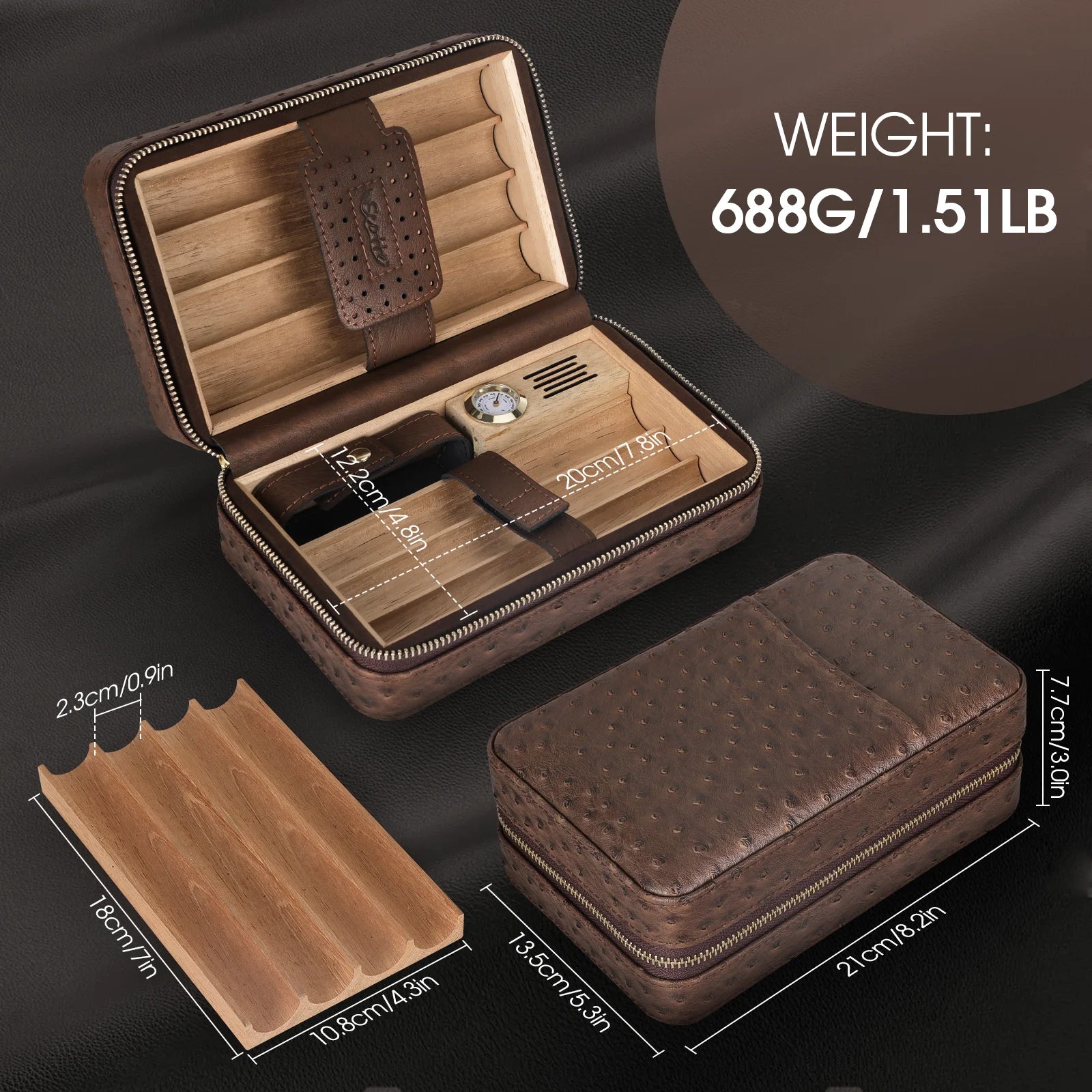 Cigar Humidor Box Cigar Lighter Cedar Wood Lined Leather Cigar Case Built in Hygrometer Humidifier with Cigar Holder Kit