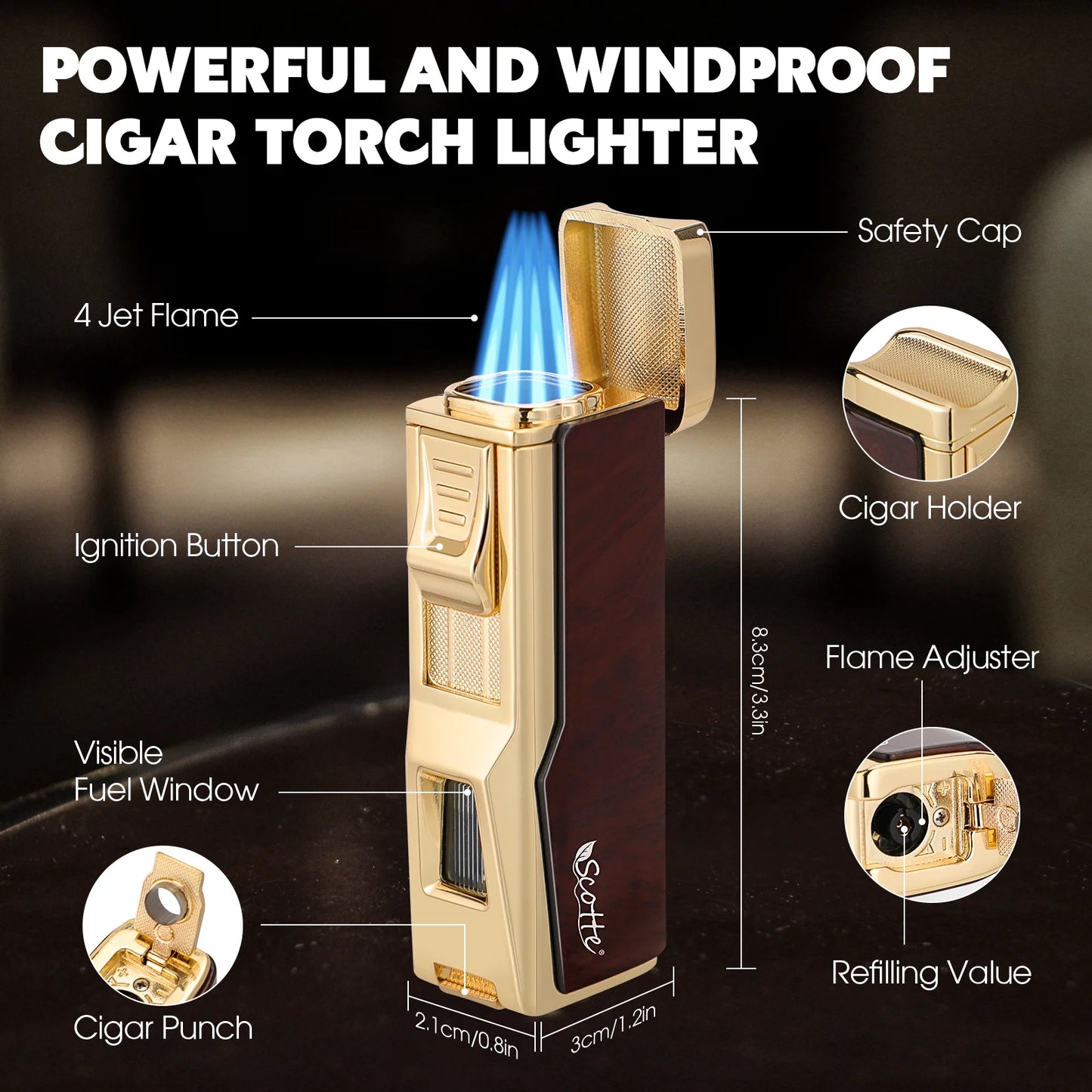 Cigar Humidor Box Cigar Lighter Cedar Wood Lined Leather Cigar Case Built in Hygrometer Humidifier with Cigar Holder Kit