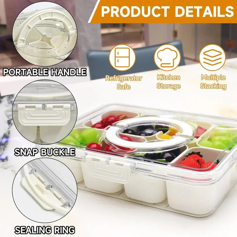 Divided Serving Tray with Lid and Handle - Food Container Clear Organizer for Candy, Snackle Box for Portable Snack Platters