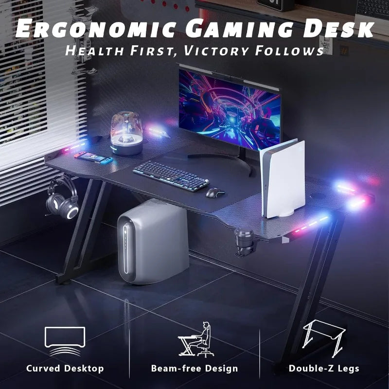 47 Inch Gaming Desk with LED Lights Carbon Fibre Surface Gaming Table Large Computer Desk Ergonomic Home Office Desks Z