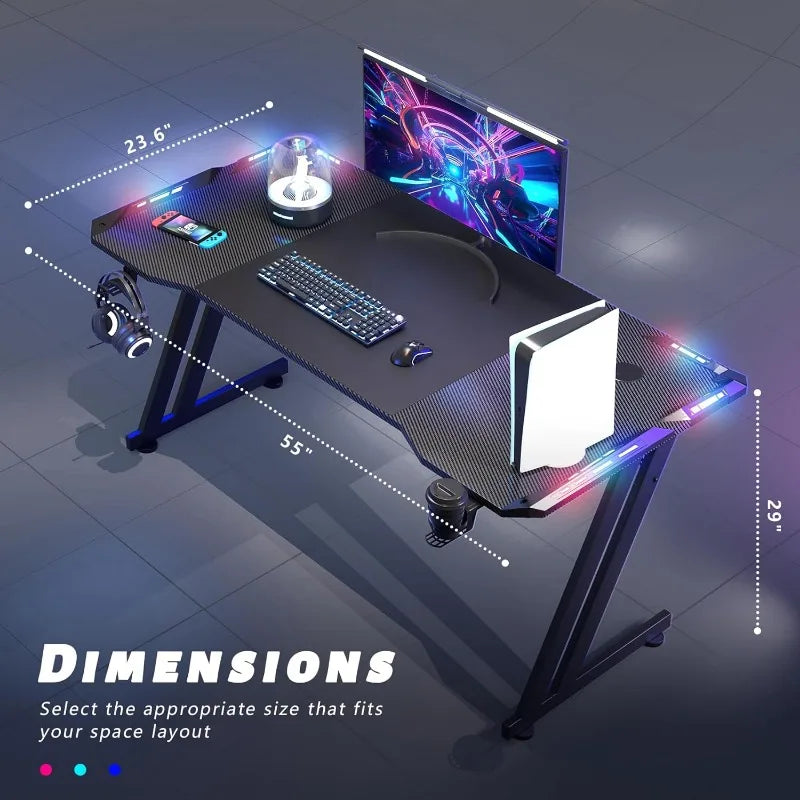 47 Inch Gaming Desk with LED Lights Carbon Fibre Surface Gaming Table Large Computer Desk Ergonomic Home Office Desks Z