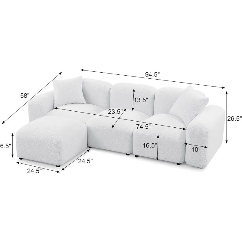 Convertible Modular Sectional Sofa, Boucle Fabric L-Shaped Modern Bubble Couch with Ottoman, 3-Seater Sherpa Teddy Sofas