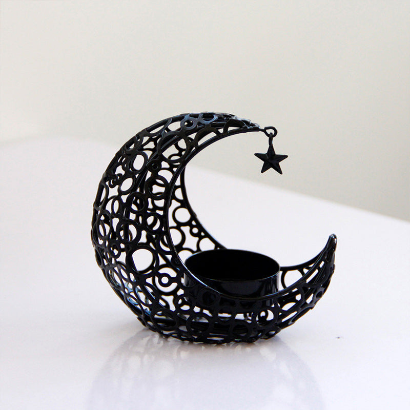 Light Luxury Crescent Moon Star Moon Black Gold Metal Candle Holder Modern Romantic Wedding Christmas Candle Cup Home Decor