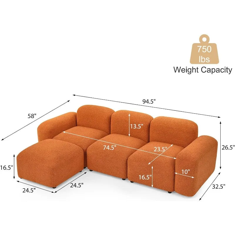 Convertible Modular Sectional Sofa, Boucle Fabric L-Shaped Modern Bubble Couch with Ottoman, 3-Seater Sherpa Teddy Sofas