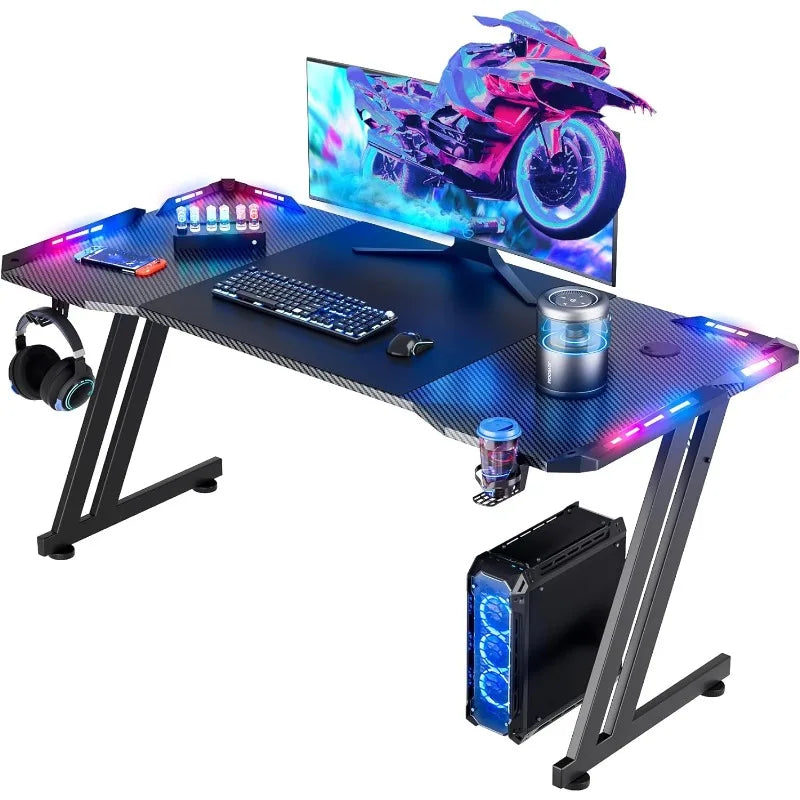 47 Inch Gaming Desk with LED Lights Carbon Fibre Surface Gaming Table Large Computer Desk Ergonomic Home Office Desks Z