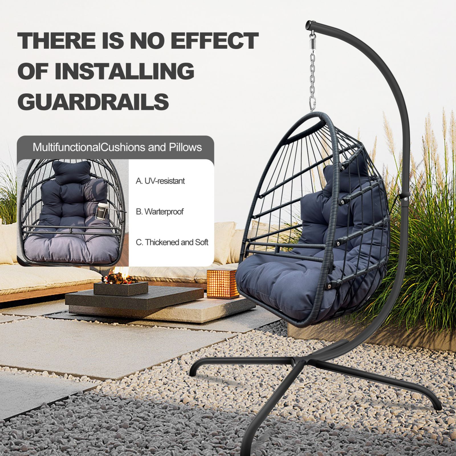 Swing Egg Chair with Stand Indoor Outdoor, UV Resistant Cushion Hanging Chair with Guardrail and Cup Holder, Anti-Rust Foldable Aluminum Frame Hammock Chair, 350Lbs Capacity for Porch Backyard