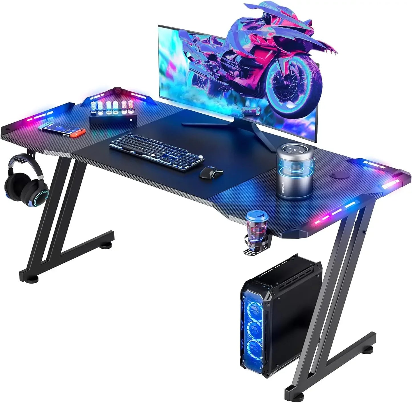 47 Inch Gaming Desk with LED Lights Carbon Fibre Surface Gaming Table Large Computer Desk Ergonomic Home Office Desks Z