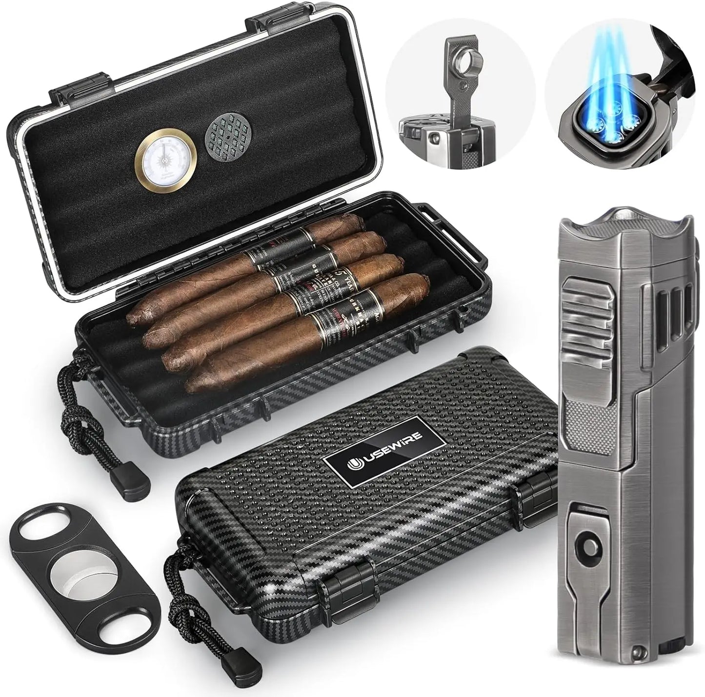 -Cigar Travel Humidor and Cigar Set, Portable Cigar Case with Humidifier Hygrometer, Cutter Cigar Cutter