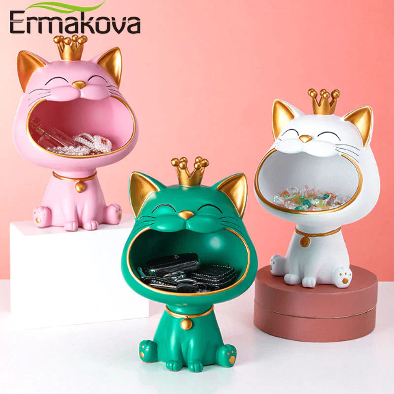 ERMAKOVA Lucky Cat Statue Sculpture Table Decoration Miniature Figurine Sundries Storage Box Modern Living Room Desk Home Decor