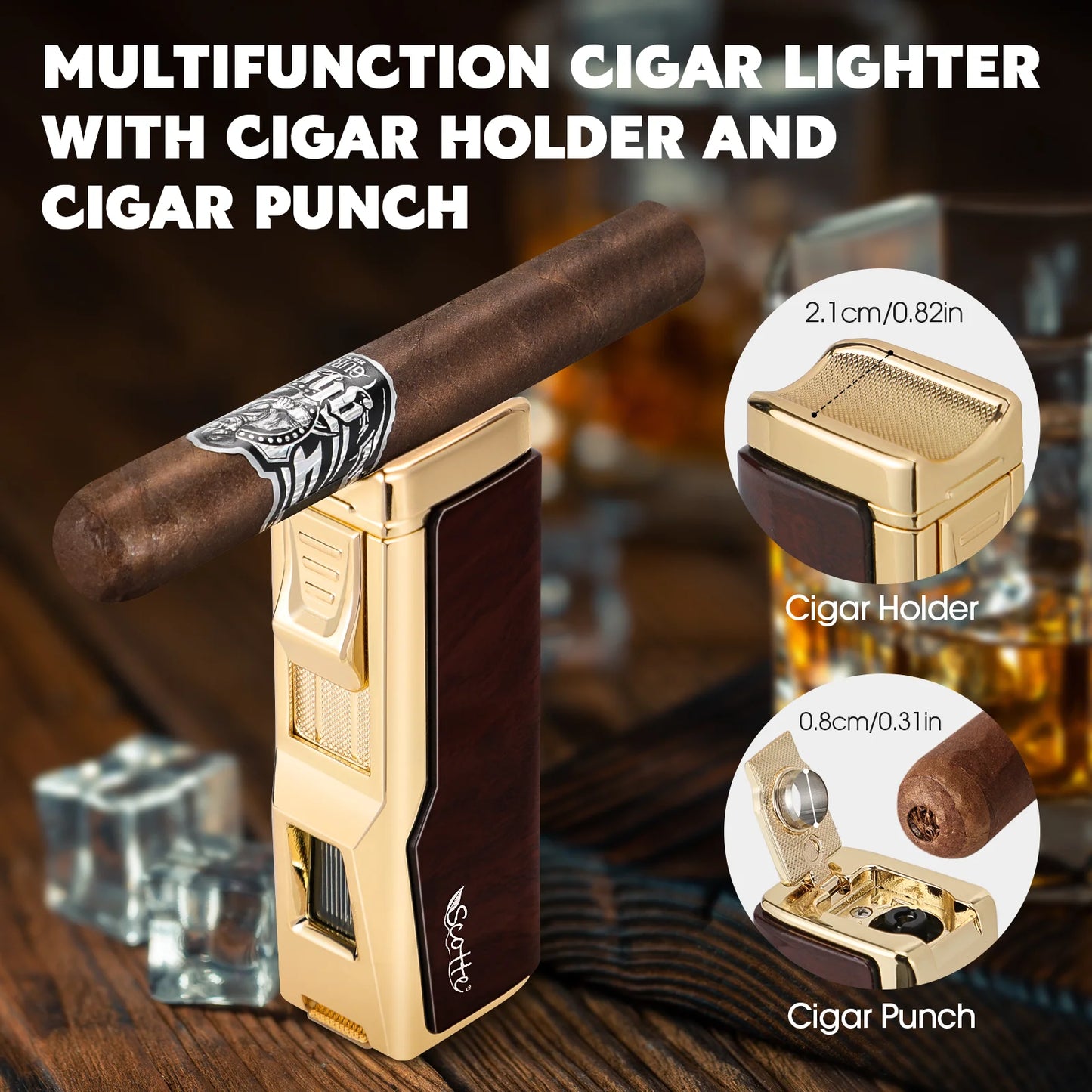 Cigar Humidor Box Cigar Lighter Cedar Wood Lined Leather Cigar Case Built in Hygrometer Humidifier with Cigar Holder Kit