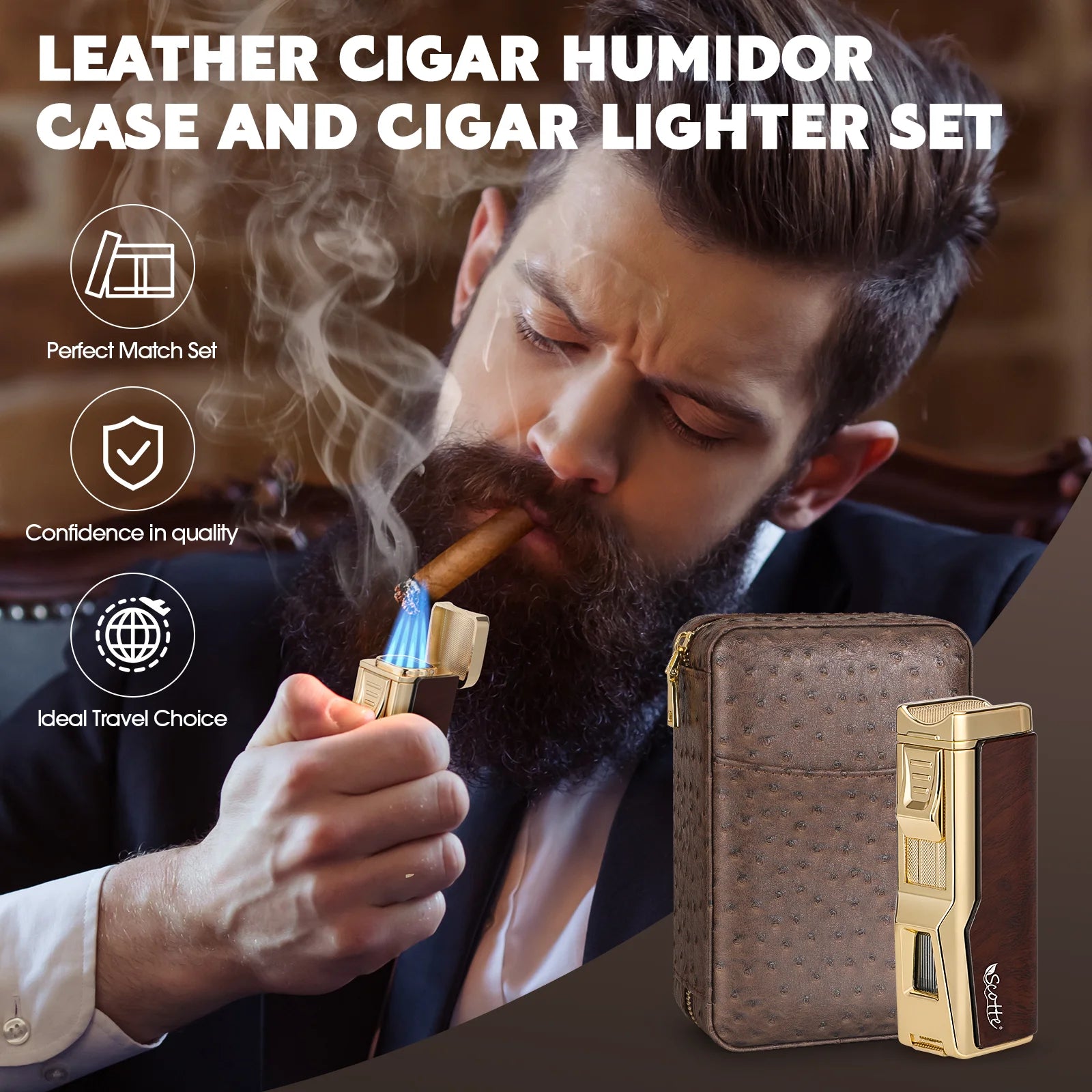 Cigar Humidor Box Cigar Lighter Cedar Wood Lined Leather Cigar Case Built in Hygrometer Humidifier with Cigar Holder Kit