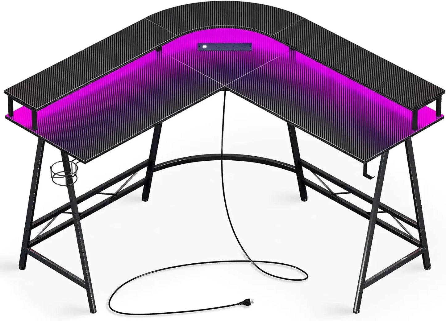 L Shaped Desk Gaming Desk with LED Lights & Power Outlets, Computer Desk with Monitor Shelves, Home Office Desk Corner Desk