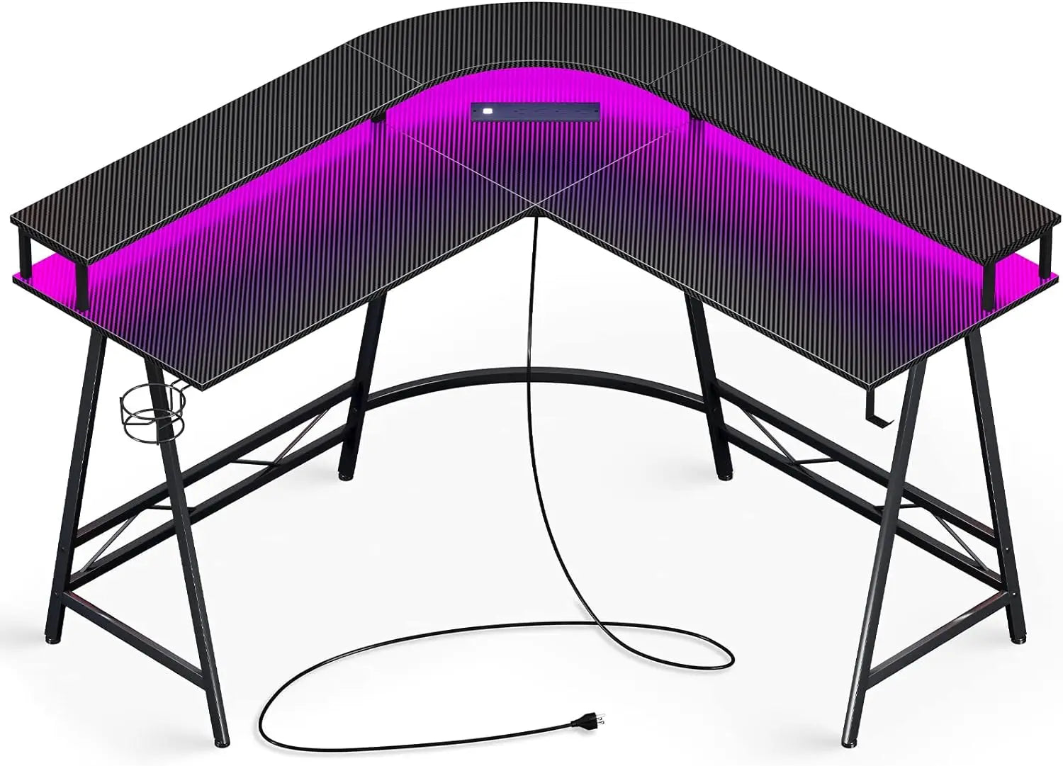 L Shaped Desk Gaming Desk with LED Lights & Power Outlets, Computer Desk with Monitor Shelves, Home Office Desk Corner Desk