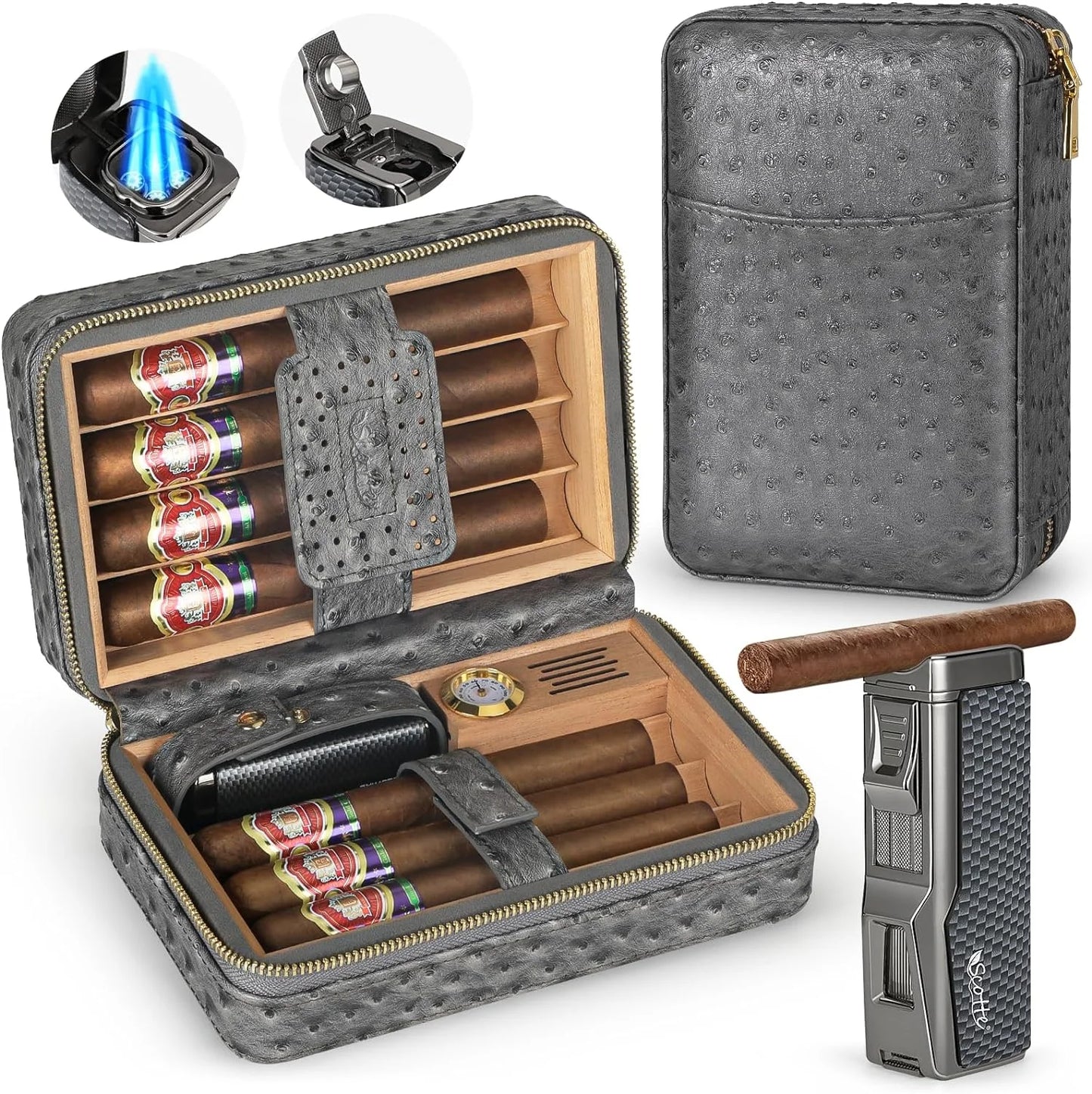 Cigar Humidor Box Cigar Lighter Cedar Wood Lined Leather Cigar Case Built in Hygrometer Humidifier with Cigar Holder Kit