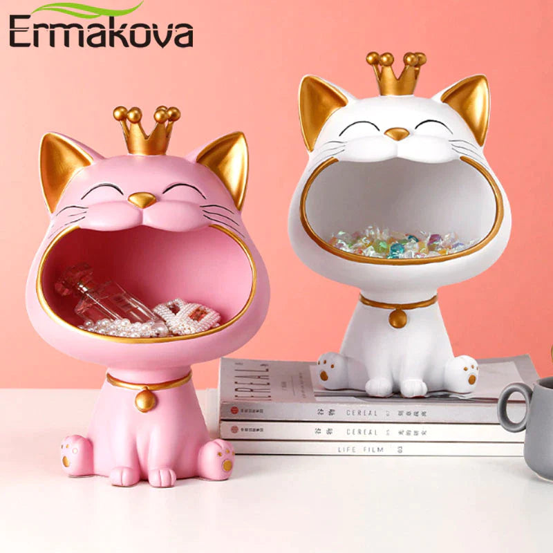 ERMAKOVA Lucky Cat Statue Sculpture Table Decoration Miniature Figurine Sundries Storage Box Modern Living Room Desk Home Decor