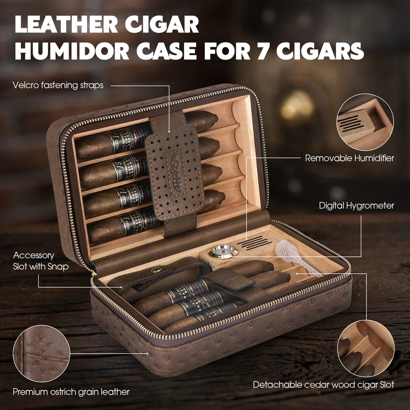 Cigar Humidor Box Cigar Lighter Cedar Wood Lined Leather Cigar Case Built in Hygrometer Humidifier with Cigar Holder Kit