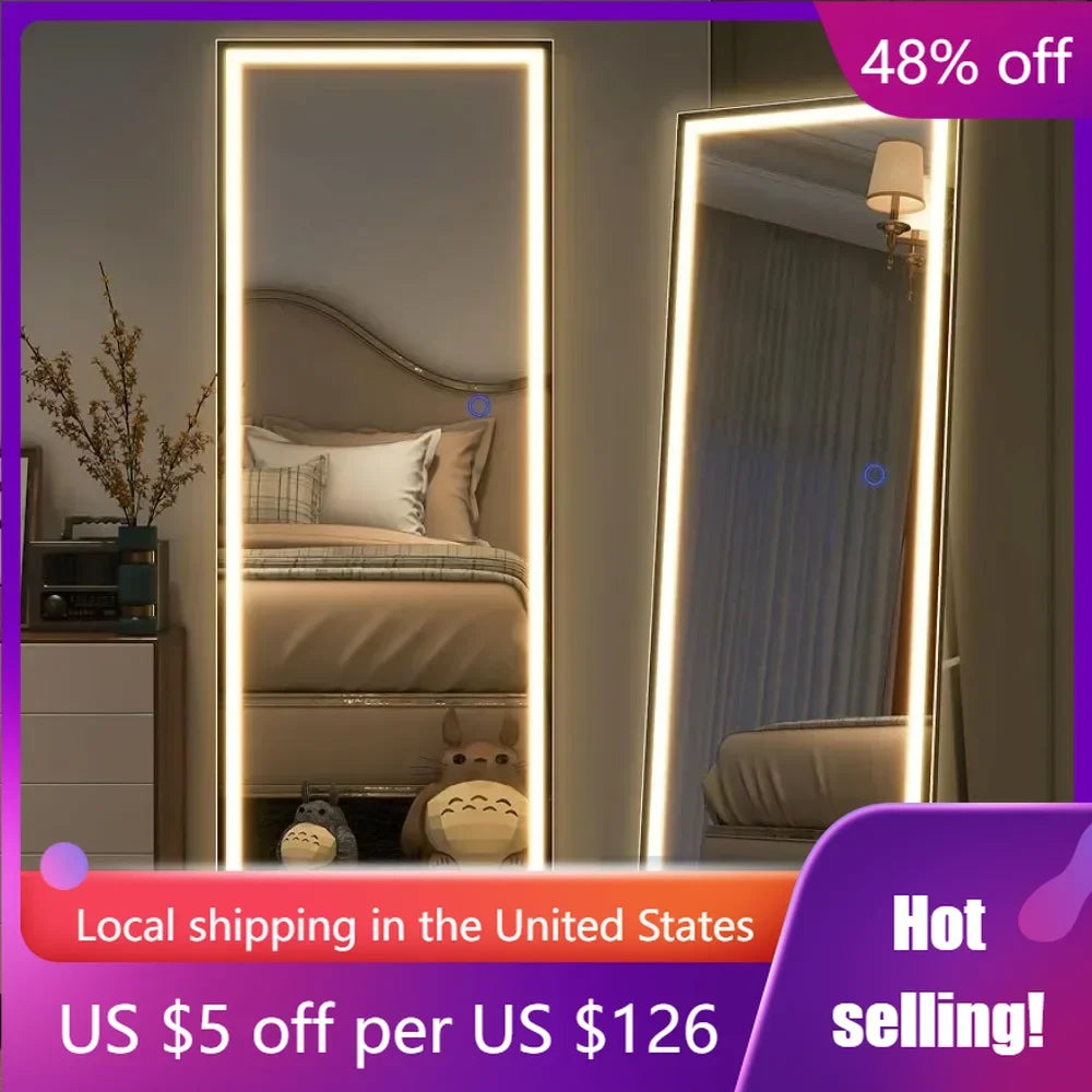 LED Mirror 63"X 16" Full Length Standing Mirror Large Rectangle Mirrors 3 Colors Dimmable Lighting, Stepless Dimming - White