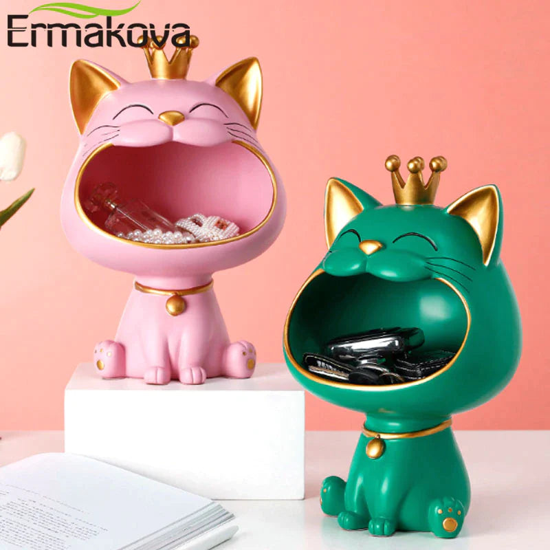 ERMAKOVA Lucky Cat Statue Sculpture Table Decoration Miniature Figurine Sundries Storage Box Modern Living Room Desk Home Decor