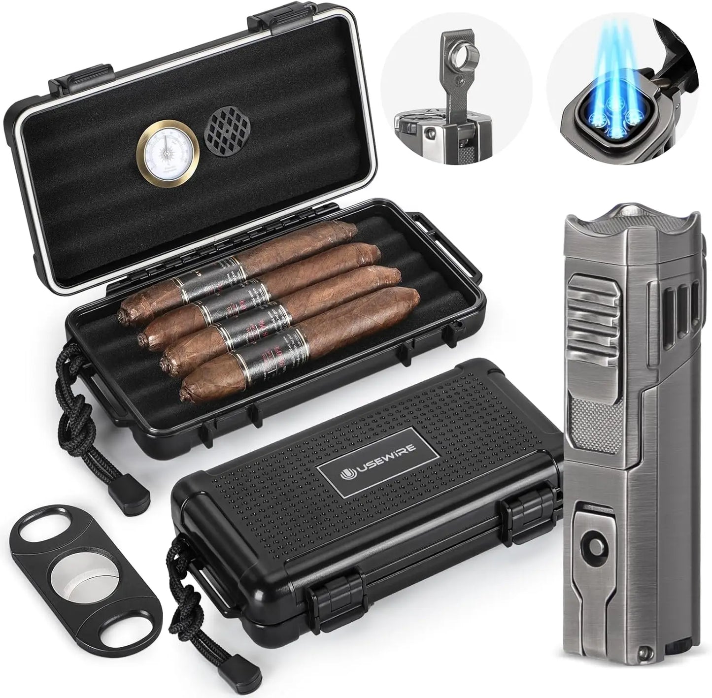 -Cigar Travel Humidor and Cigar Set, Portable Cigar Case with Humidifier Hygrometer, Cutter Cigar Cutter