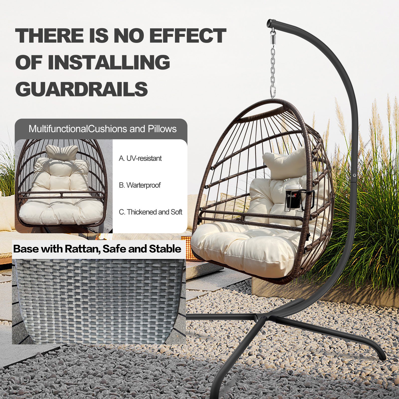 Swing Egg Chair with Stand Indoor Outdoor, UV Resistant Cushion Hanging Chair with Guardrail and Cup Holder, Anti-Rust Foldable Aluminum Frame Hammock Chair, 350Lbs Capacity for Porch Backyard