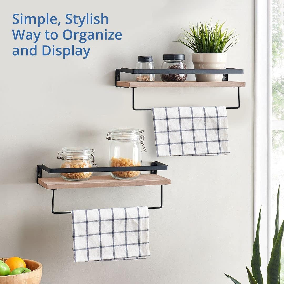 Rustic Wood Floating Shelf with Towel Rack - Perfect for Kitchen and Bathroom