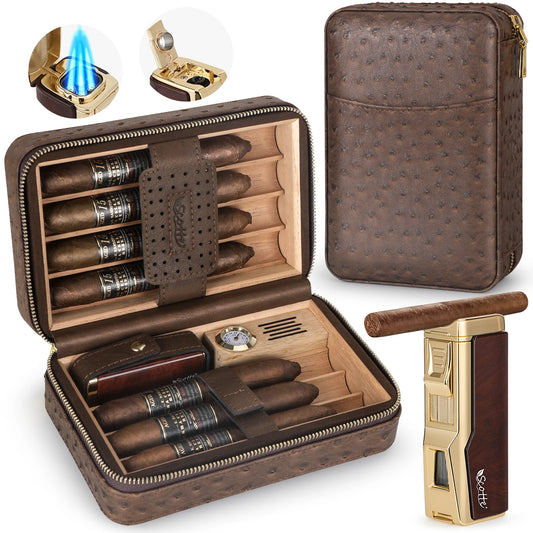 Cigar Humidor Box Cigar Lighter Cedar Wood Lined Leather Cigar Case Built in Hygrometer Humidifier with Cigar Holder Kit